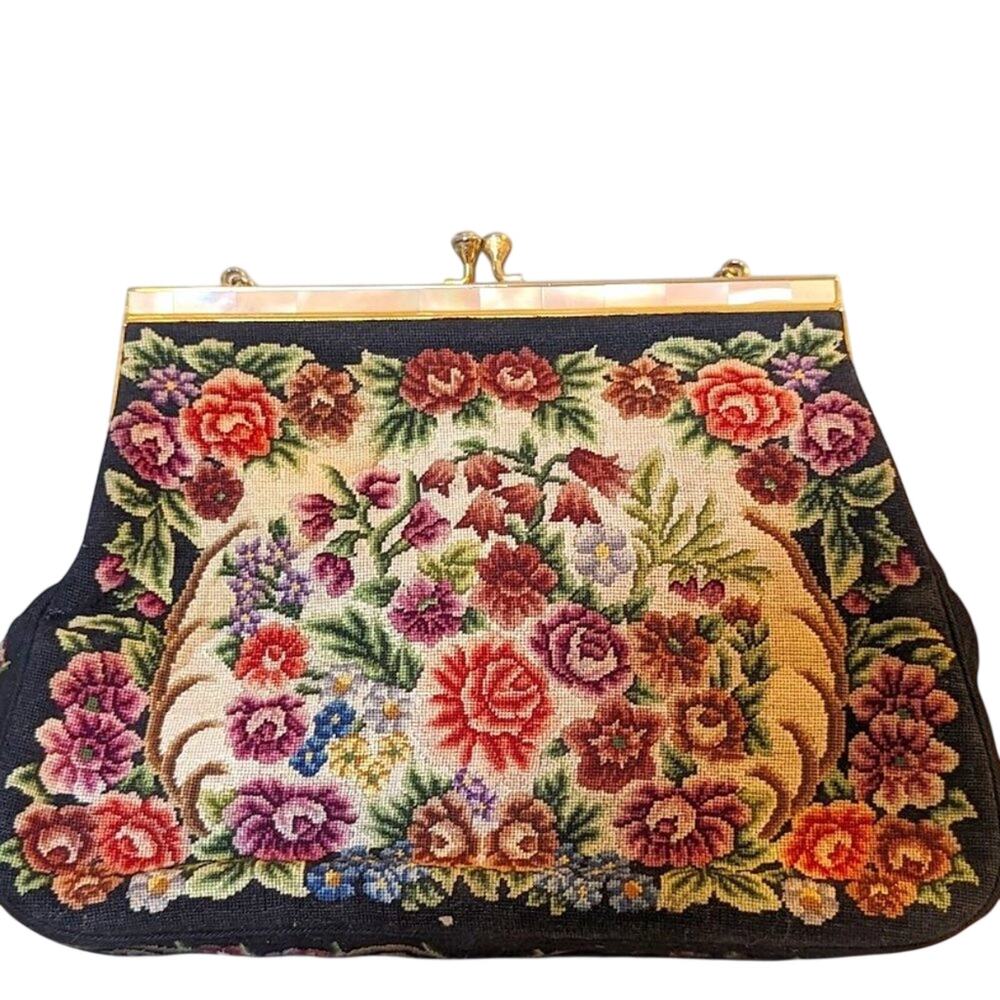 Vintage Handmade Exquisite Petit Point Embroidery Handbag with Mother of Pearl